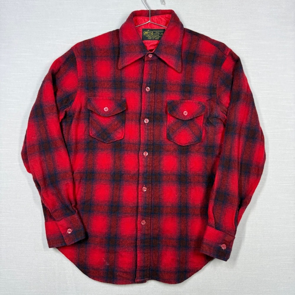 Vintage‎ KMart Wool Short Mens M Red Wool Shadow Plaid Long Sleeve Button Up